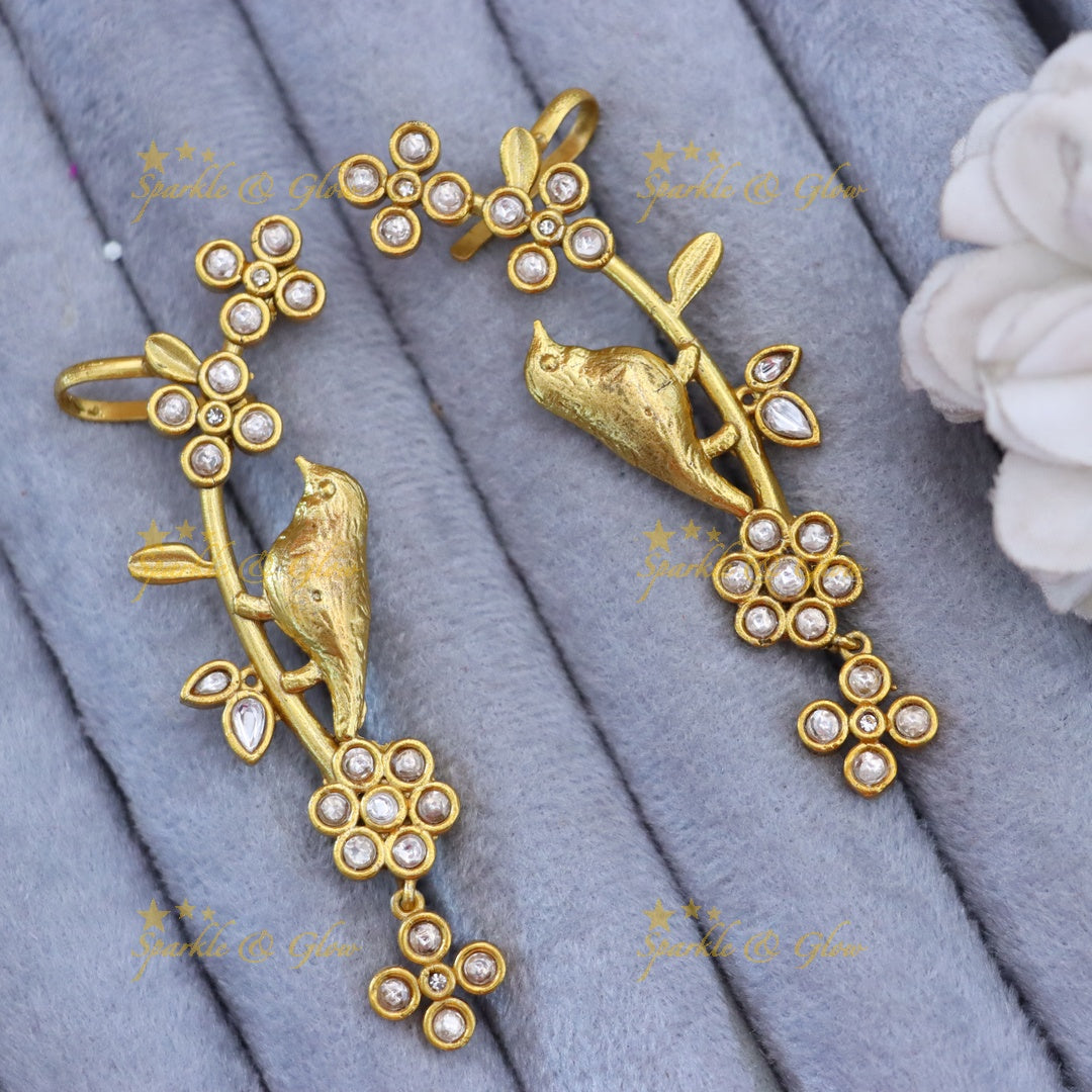 Elegant Gold Bird Blossom Cuff Earrings for Festivities