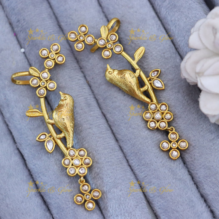 Elegant Gold Bird Blossom Cuff Earrings for Festivities
