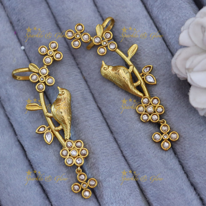 Elegant Gold Bird Blossom Cuff Earrings for Festivities