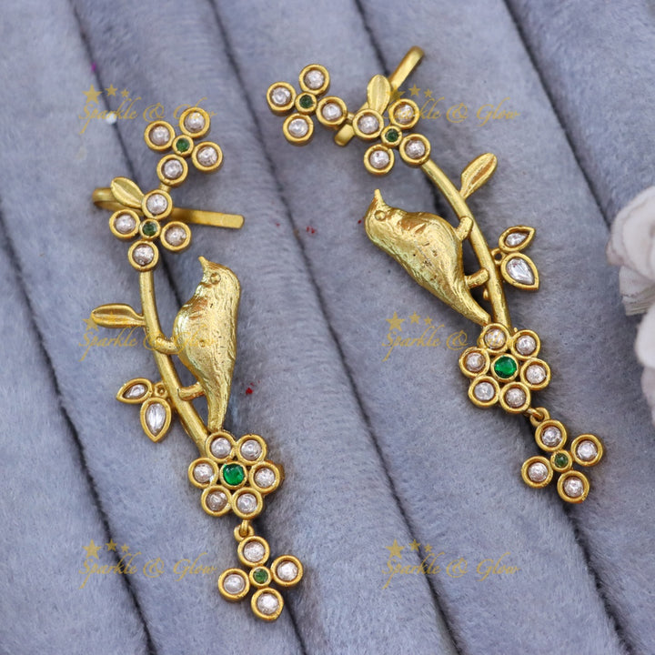 Elegant Gold Bird Blossom Cuff Earrings for Festivities