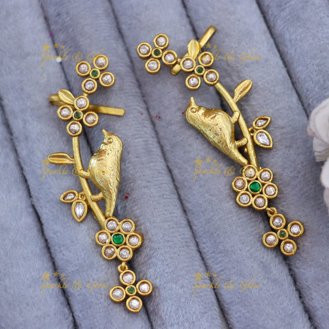 Elegant Gold Bird Blossom Cuff Earrings for Festivities
