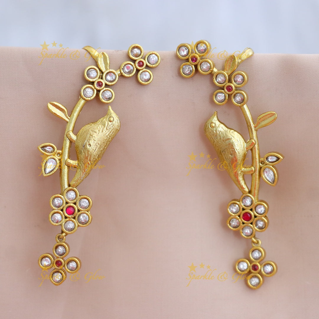 Elegant Gold Bird Blossom Cuff Earrings for Festivities