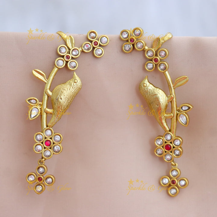 Elegant Gold Bird Blossom Cuff Earrings for Festivities