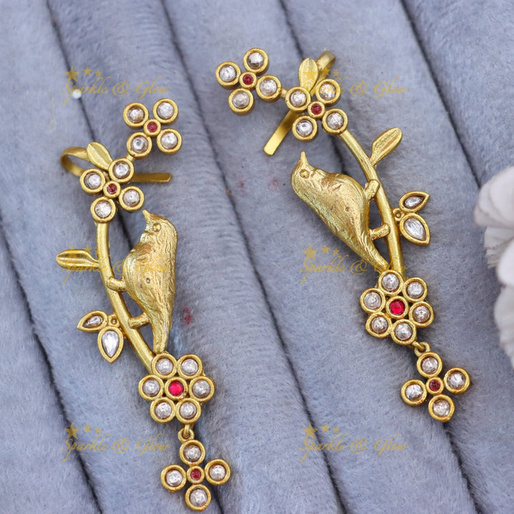 Elegant Gold Bird Blossom Cuff Earrings for Festivities