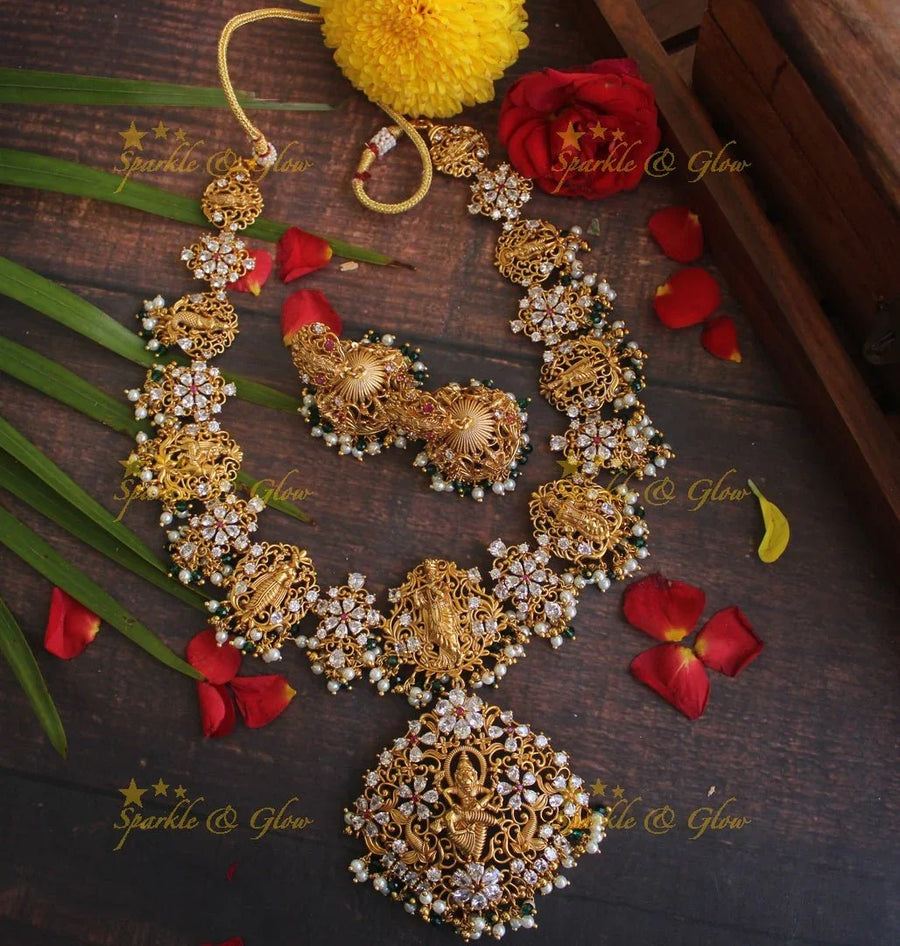 Gold alike Dashavatharam gutta pusalu necklace - White stone with pearl and green beads - Sparkle and Glow