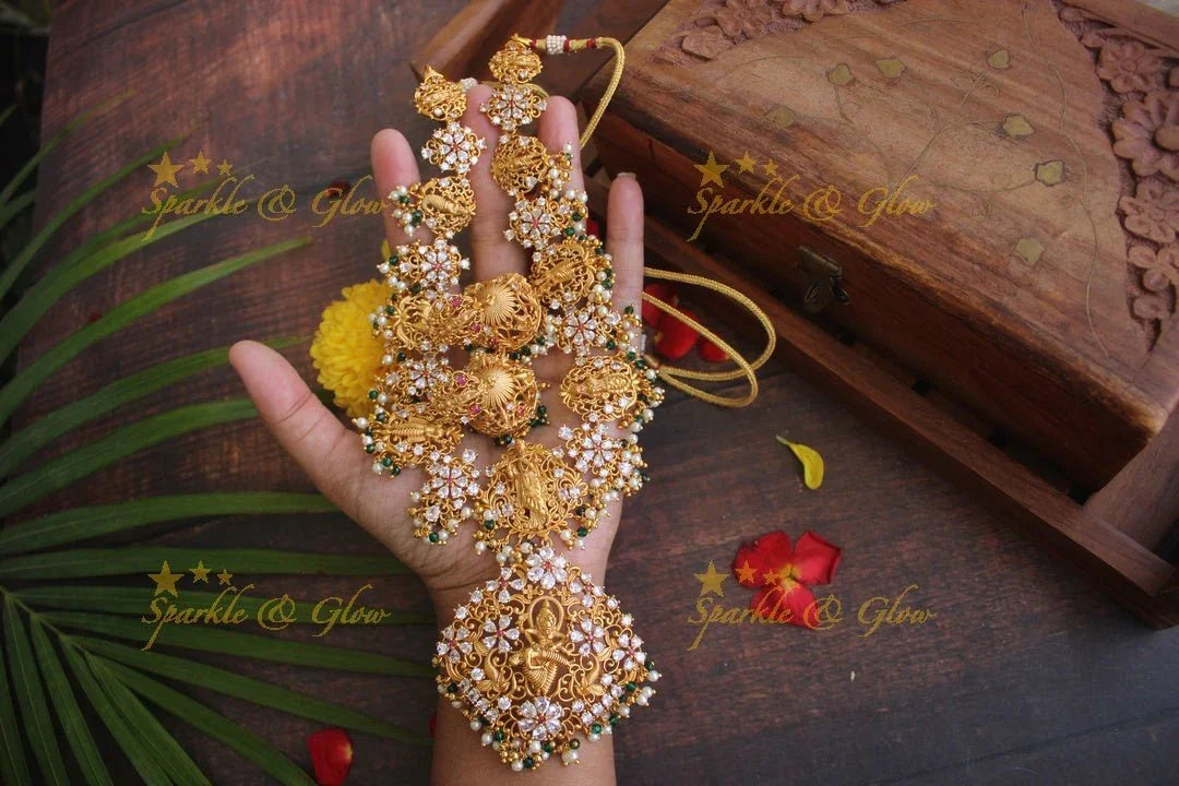Gold alike Dashavatharam gutta pusalu necklace - White stone with pearl and green beads - Sparkle and Glow