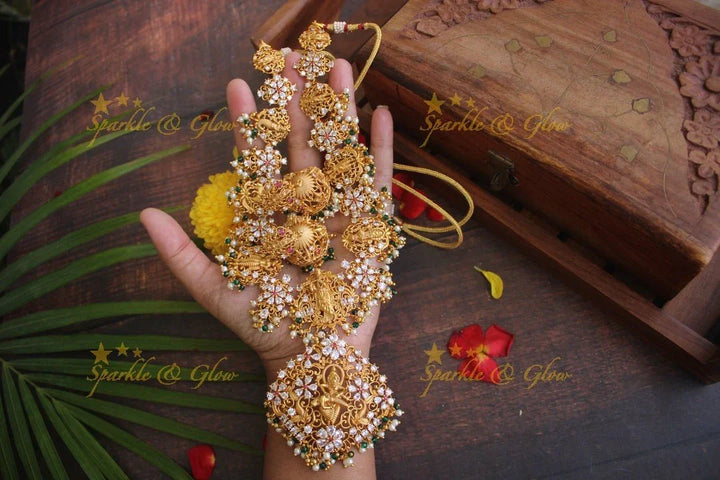 Gold alike Dashavatharam gutta pusalu necklace - White stone with pearl and green beads - Sparkle and Glow