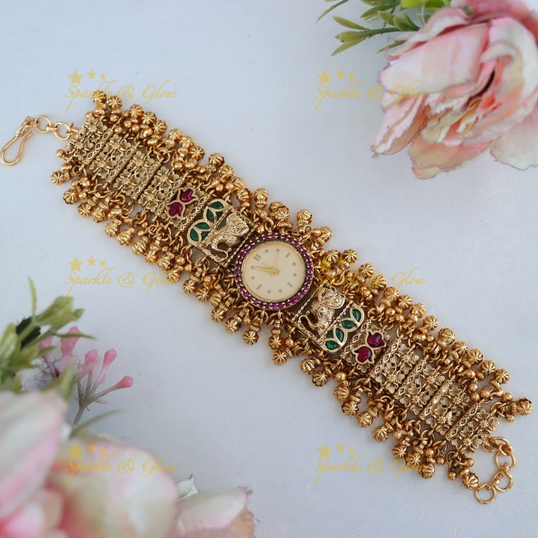 Stunning Gold-Plated Elephant Bridal Watch Bracelet