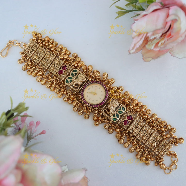Stunning Gold-Plated Elephant Bridal Watch Bracelet