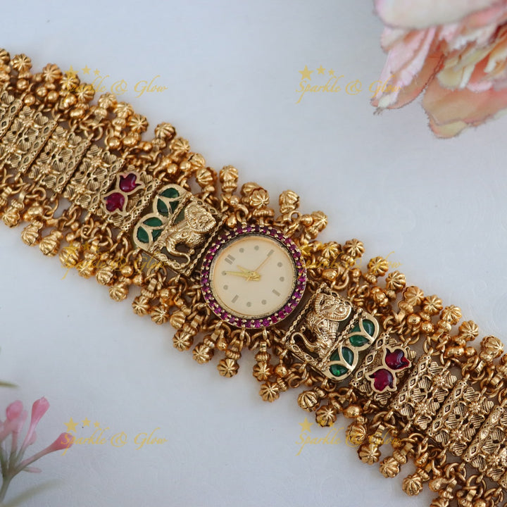 Stunning Gold-Plated Elephant Bridal Watch Bracelet