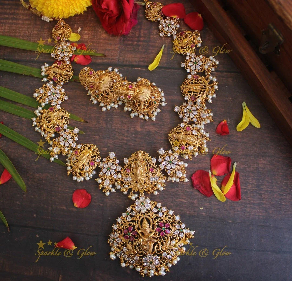 Gold alike Dashavatharam gutta pusalu necklace - White stone with pearl and green beads - Sparkle and Glow