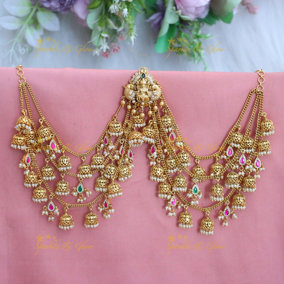 Exquisite Lakshmi Hairpin & Earchain Set with Pearls