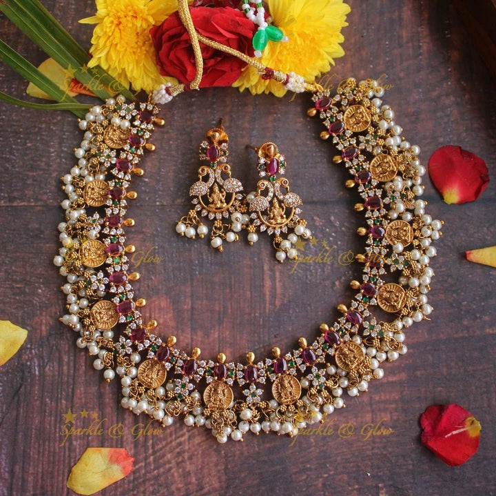 Premium matte Lakshmi CZ coin gutta pusalu necklace - Sparkle and Glow