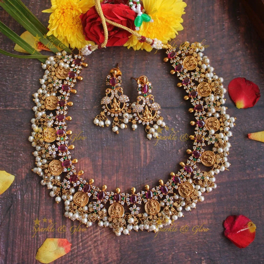 Premium matte Lakshmi CZ coin gutta pusalu necklace - Sparkle and Glow