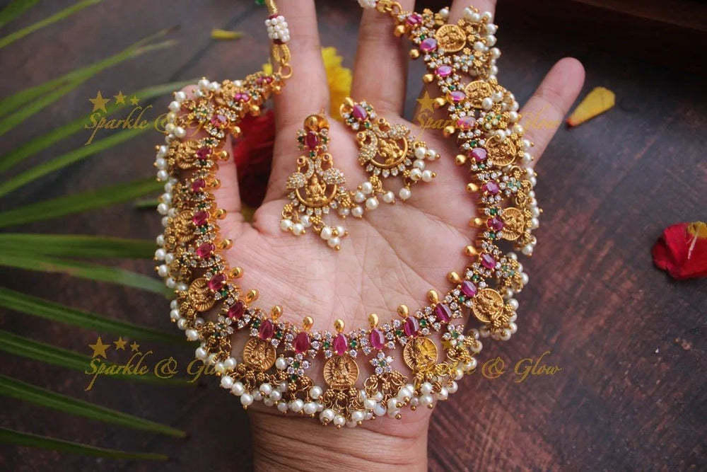 Premium matte Lakshmi CZ coin gutta pusalu necklace - Sparkle and Glow
