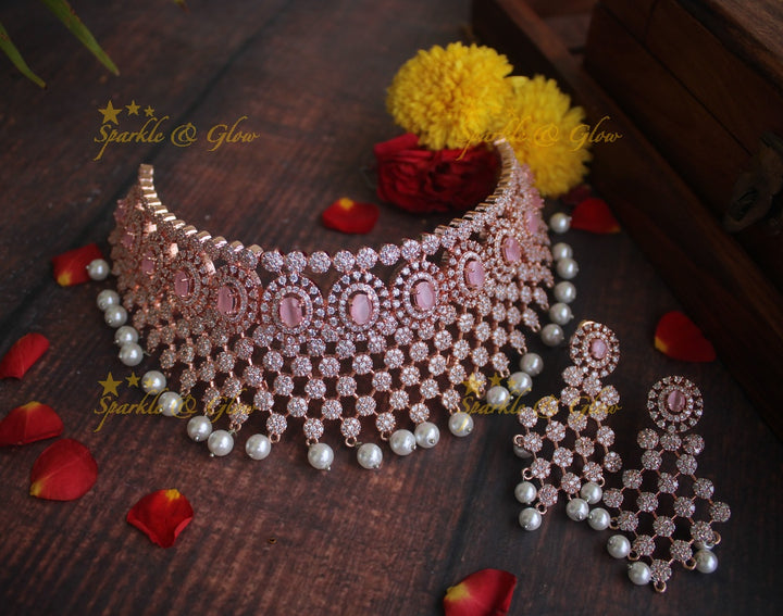 Statement Rose gold AD choker - Baby Pink
