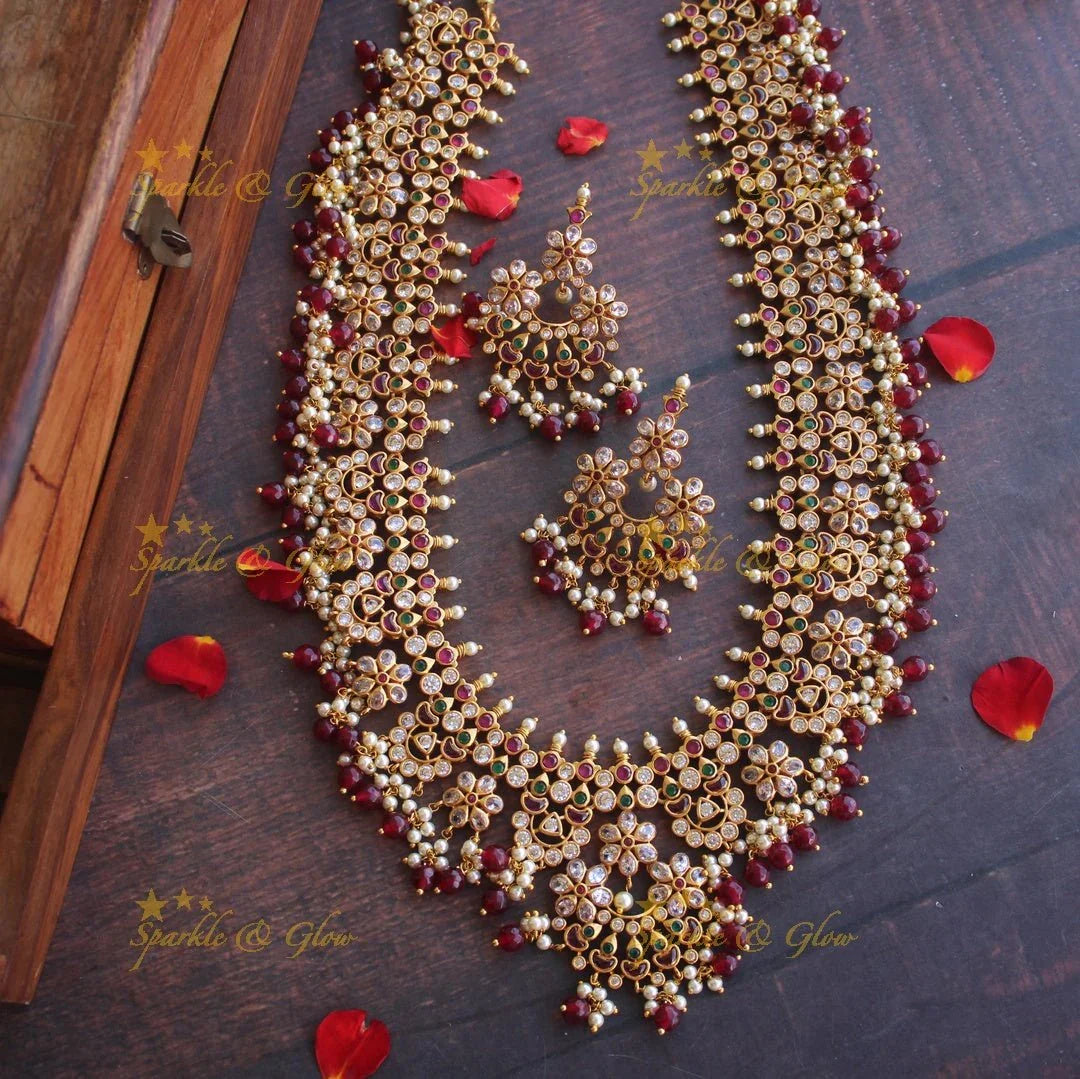 Beautiful gutta pusalu haram with kemp and cz stones - Pink Beads - Sparkle and Glow