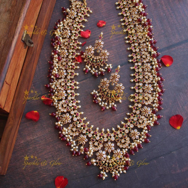 Beautiful gutta pusalu haram with kemp and cz stones - Pink Beads - Sparkle and Glow