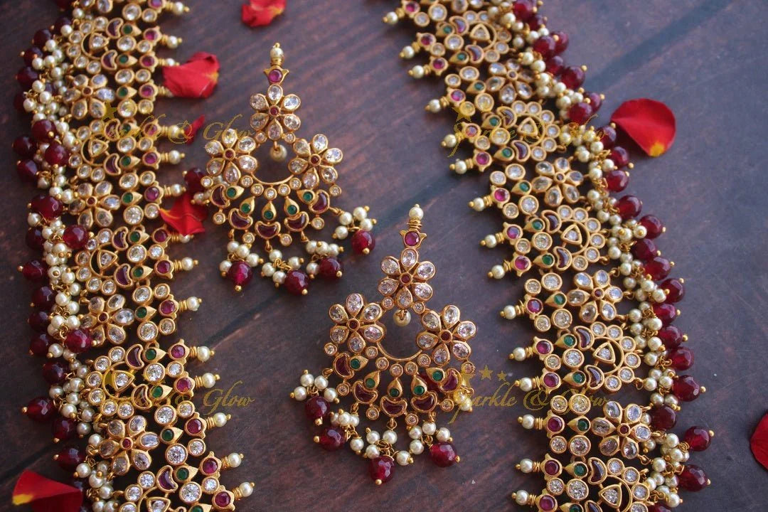 Beautiful gutta pusalu haram with kemp and cz stones - Pink Beads - Sparkle and Glow