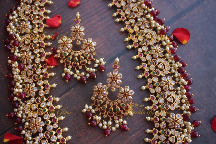 Beautiful gutta pusalu haram with kemp and cz stones - Pink Beads - Sparkle and Glow