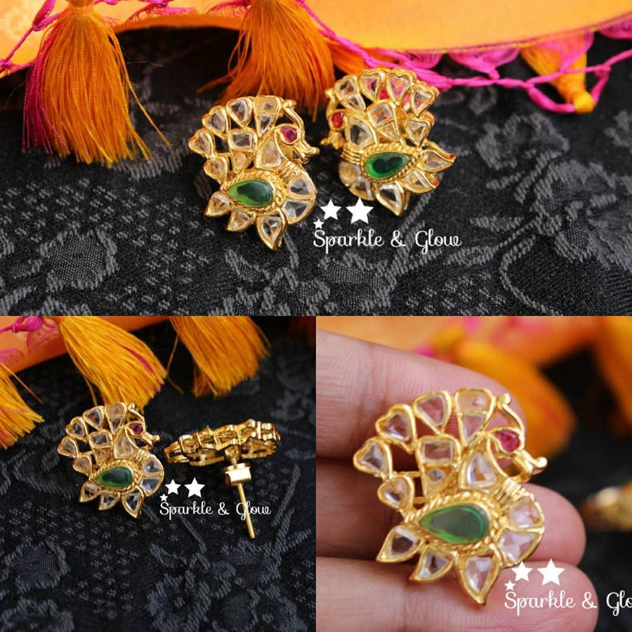 Peacock, crafted with kemp and uncut polki stones stud - Sparkle and Glow