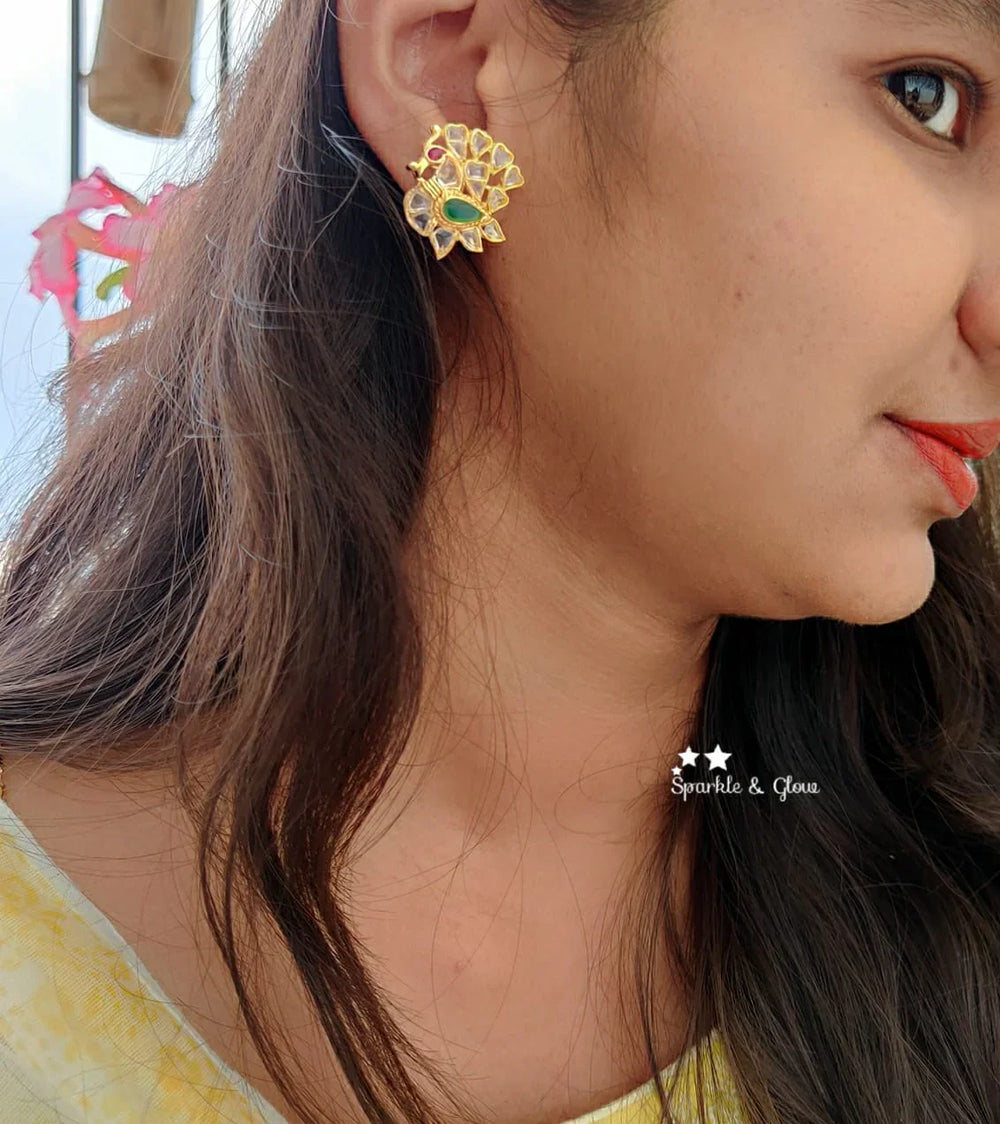 Peacock, crafted with kemp and uncut polki stones stud - Sparkle and Glow