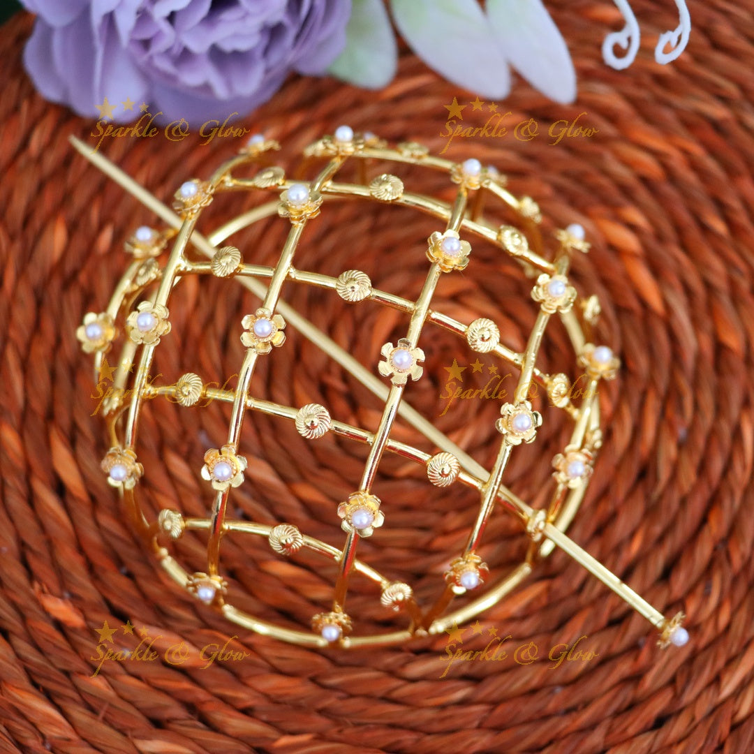 Exquisite Floral Gold Bun Pin for Wedding & Festive Glam