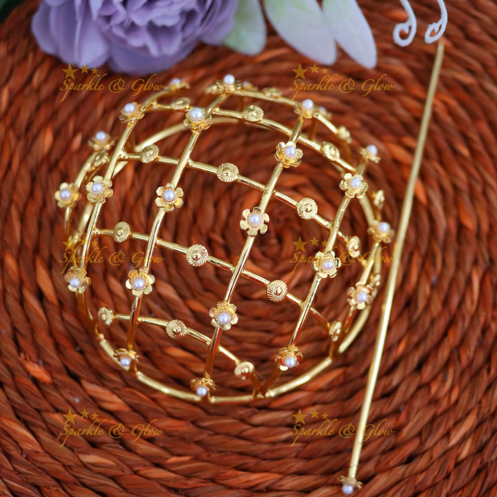 Exquisite Floral Gold Bun Pin for Wedding & Festive Glam