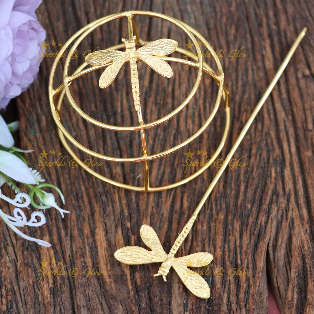 Gold Dragonfly Hair Pin - Elegant & Festive
