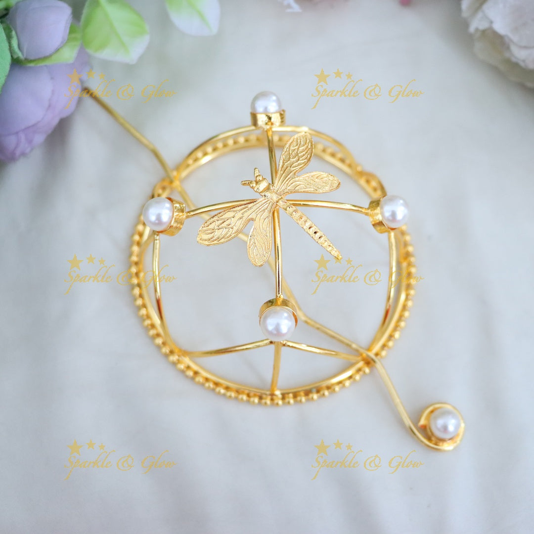 Exquisite Gold Hair Bun Accessory with Pearls & Dragonfly