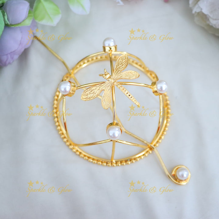 Exquisite Gold Hair Bun Accessory with Pearls & Dragonfly