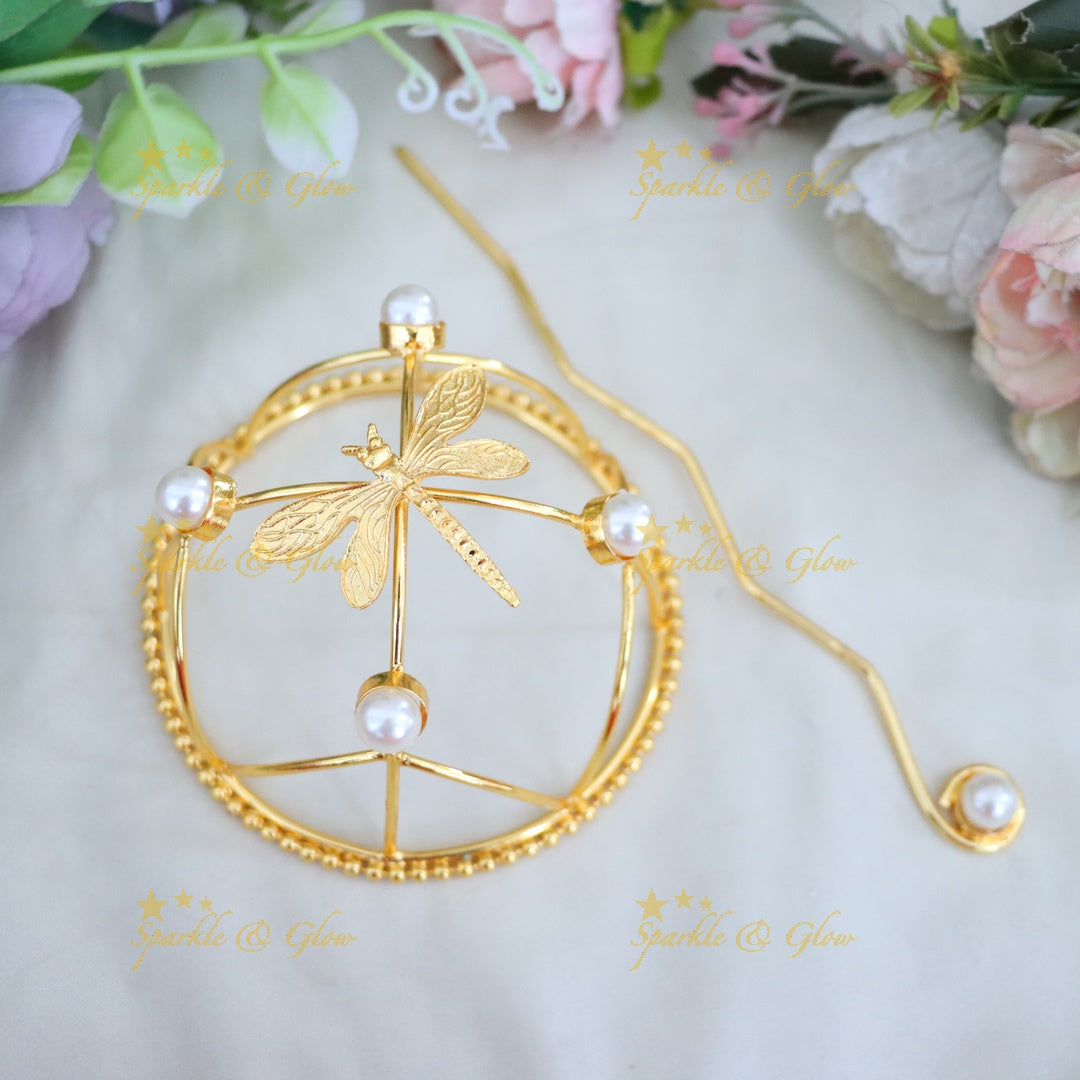 Exquisite Gold Hair Bun Accessory with Pearls & Dragonfly