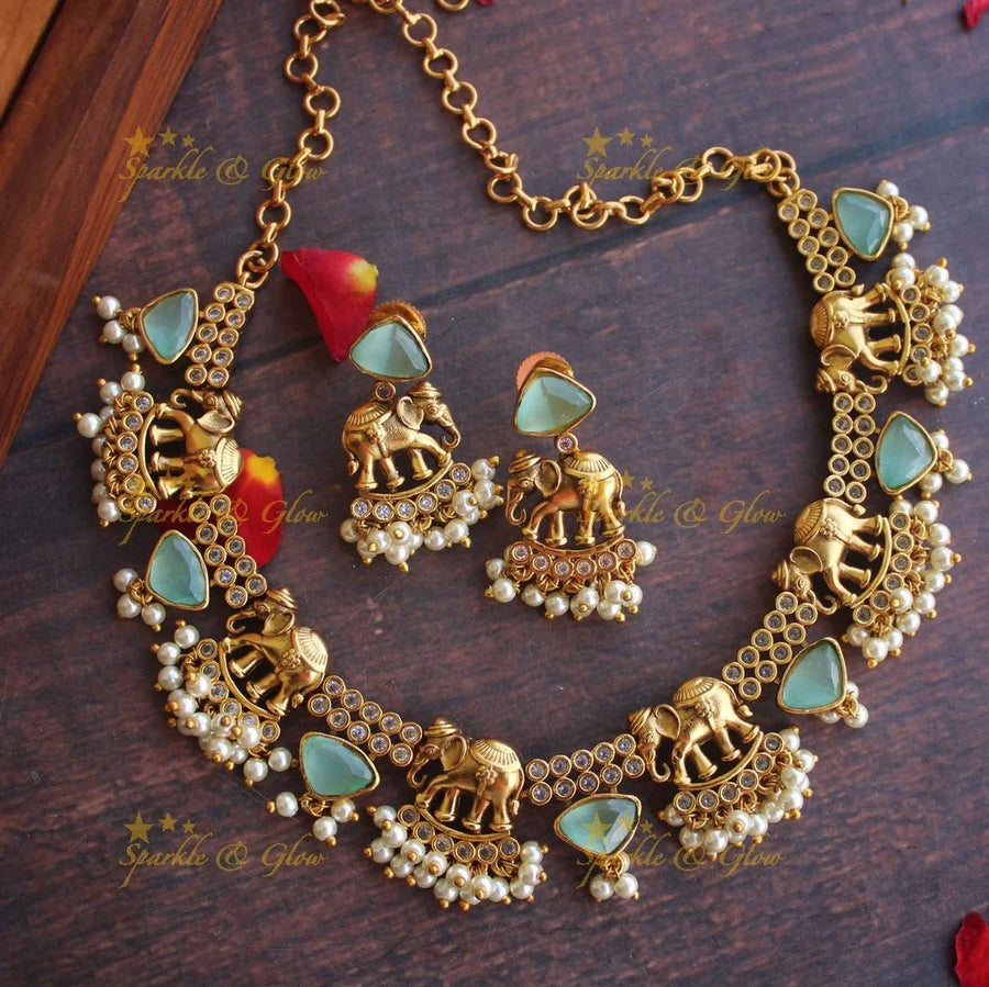 Gold alike Elephant gutta pusalu stone necklace - Pastel Green - Sparkle and Glow