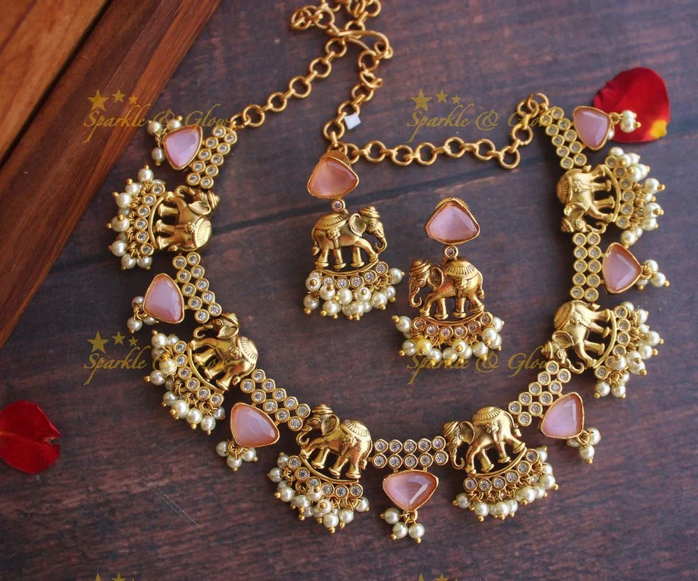Gold alike Elephant gutta pusalu stone necklace - Pastel Green - Sparkle and Glow