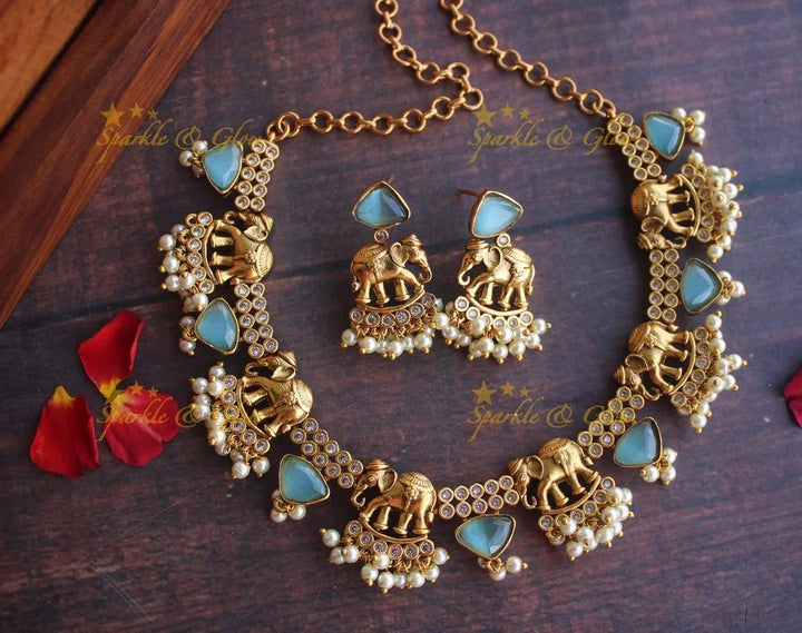 Gold alike Elephant gutta pusalu stone necklace - Pastel Green - Sparkle and Glow