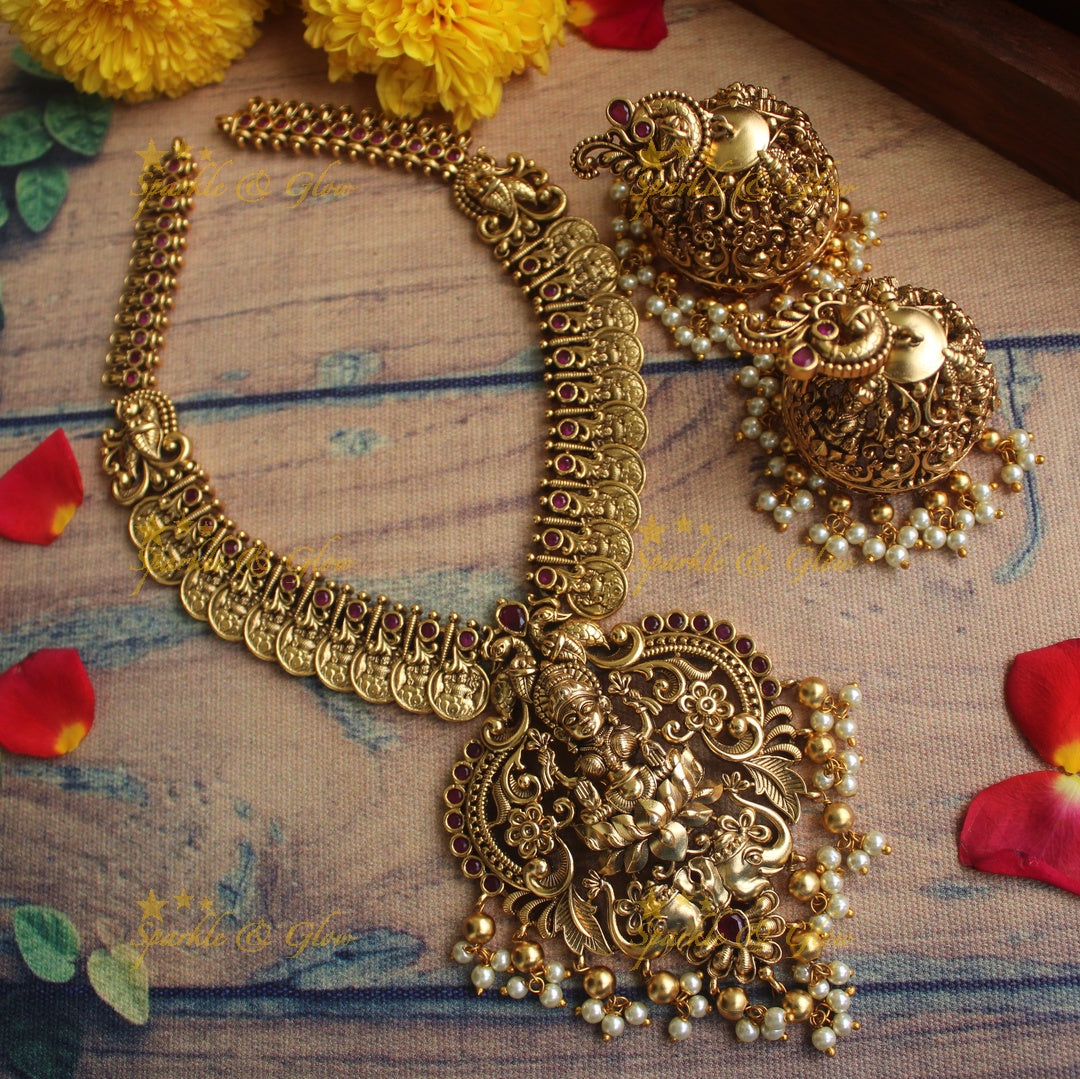 Gold alike Antique polished Lakshmi Coin necklace - Pink