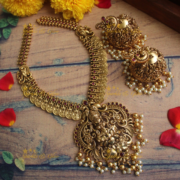 Gold alike Antique polished Lakshmi Coin necklace - Pink