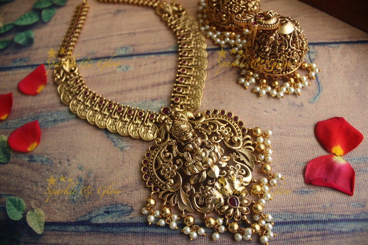 Gold alike Antique polished Lakshmi Coin necklace - Pink