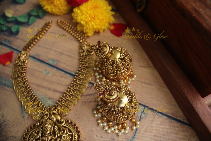 Gold alike Antique polished Lakshmi Coin necklace - Pink