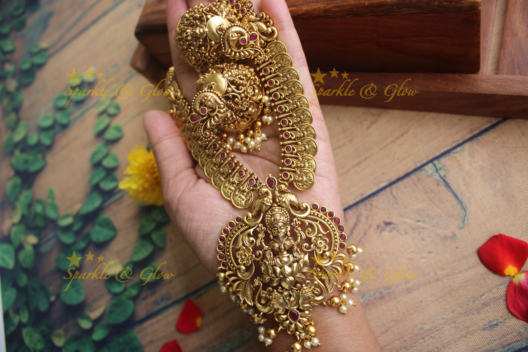 Gold alike Antique polished Lakshmi Coin necklace - Pink