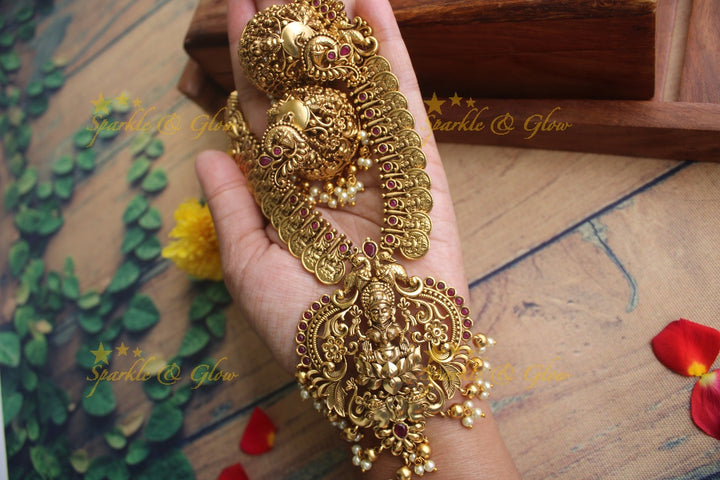 Gold alike Antique polished Lakshmi Coin necklace - Pink