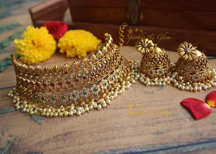 Gold alike Antique polished CZ Stone flower design gutta pusalu choker - Sparkle and Glow