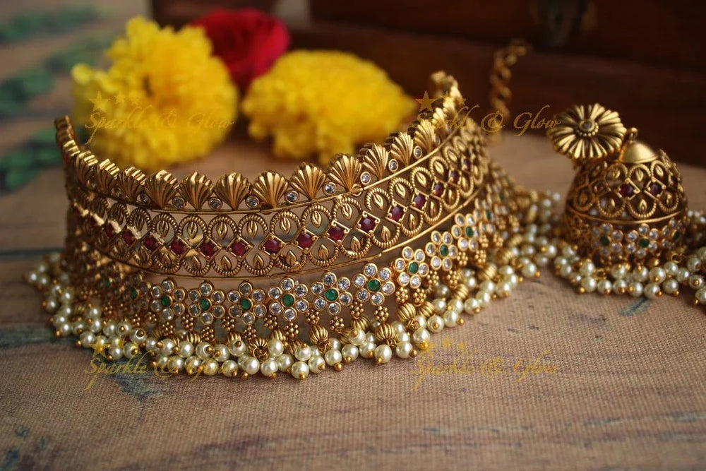 Gold alike Antique polished CZ Stone flower design gutta pusalu choker - Sparkle and Glow