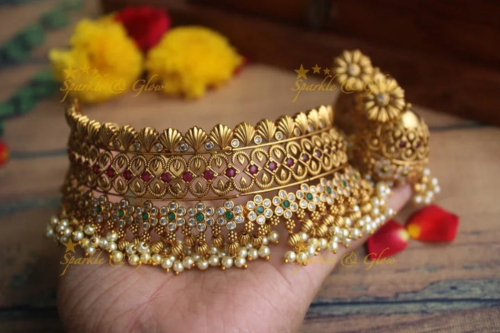 Gold alike Antique polished CZ Stone flower design gutta pusalu choker - Sparkle and Glow