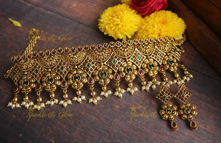 Gold alike Antique polished CZ Stone flower design gutta pusalu choker - Sparkle and Glow