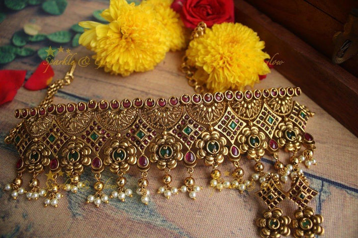 Gold alike Antique polished CZ Stone flower design gutta pusalu choker - Sparkle and Glow