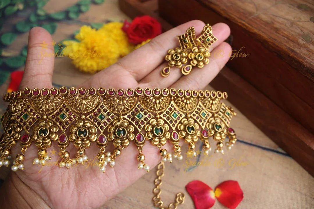 Gold alike Antique polished CZ Stone flower design gutta pusalu choker - Sparkle and Glow