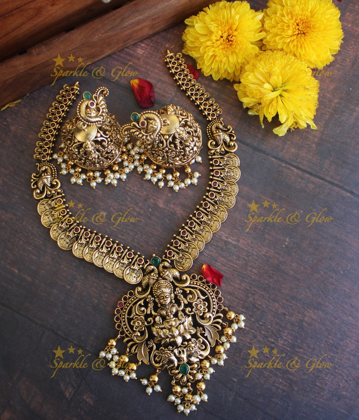 Gold alike Antique polished Lakshmi Coin necklace - Pink