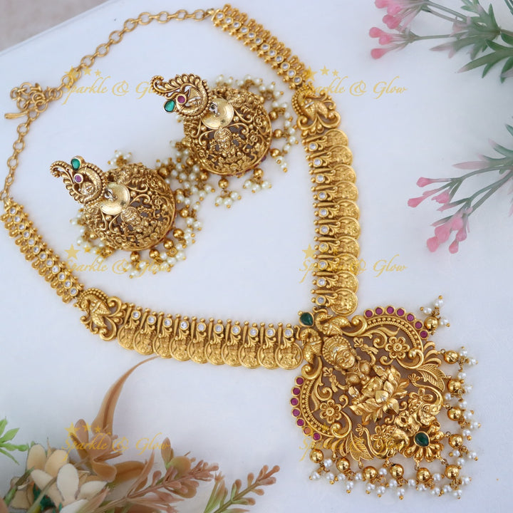 Antique Gold Polish Lakshmi Coin Necklace - Pink