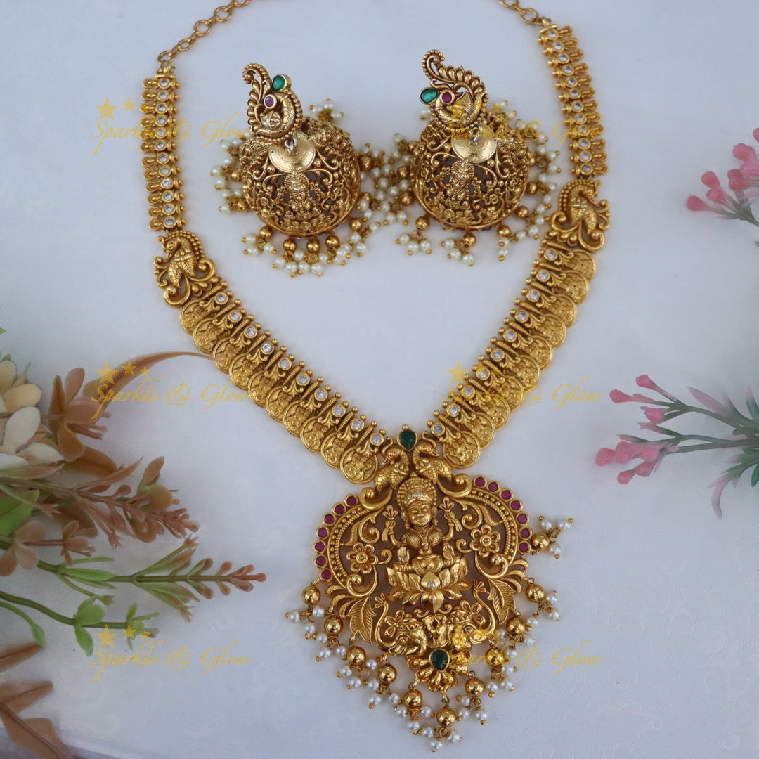 Antique Gold Polish Lakshmi Coin Necklace - Pink